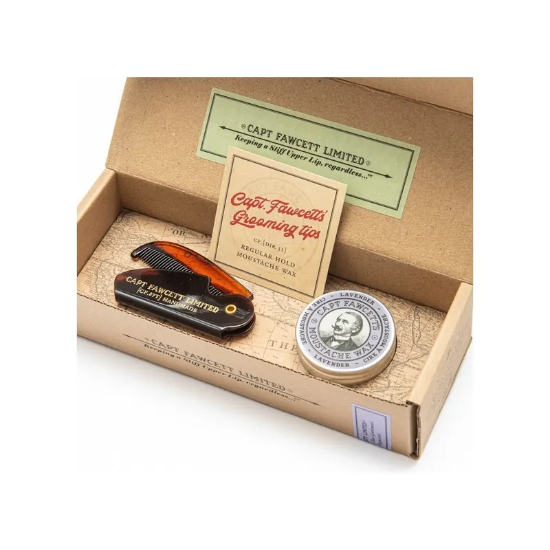 Captain Fawcett Moustache Wax Lavender 15ml & Folding Comb