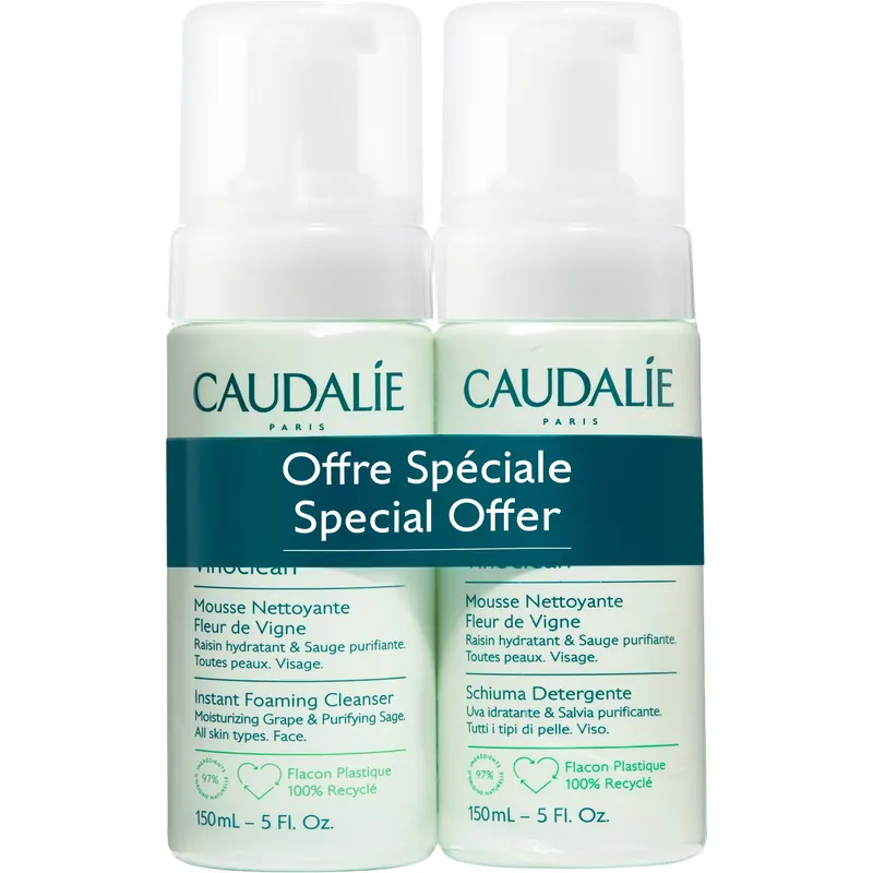 Caudalie Vinoclean - Schiuma Detergente Viso, Duo, 150 ml (300 ml)