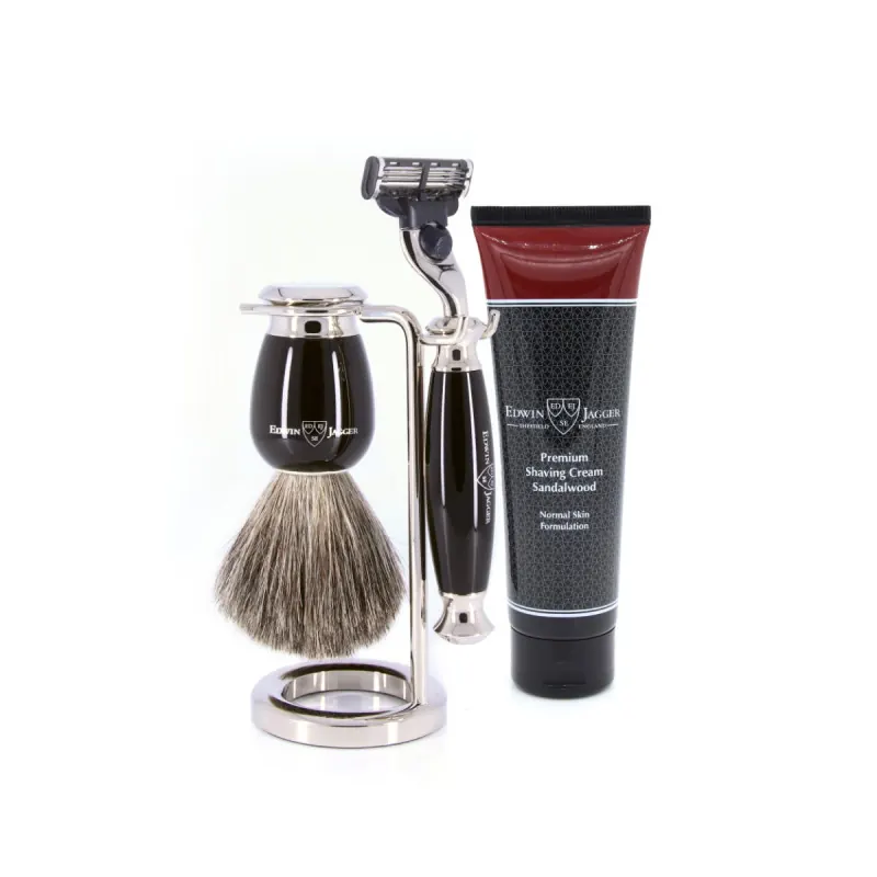 Edwin Jagger 58 Series 3pc Imitation Ebony & Nickel Mach3 Set (Sandalwood)