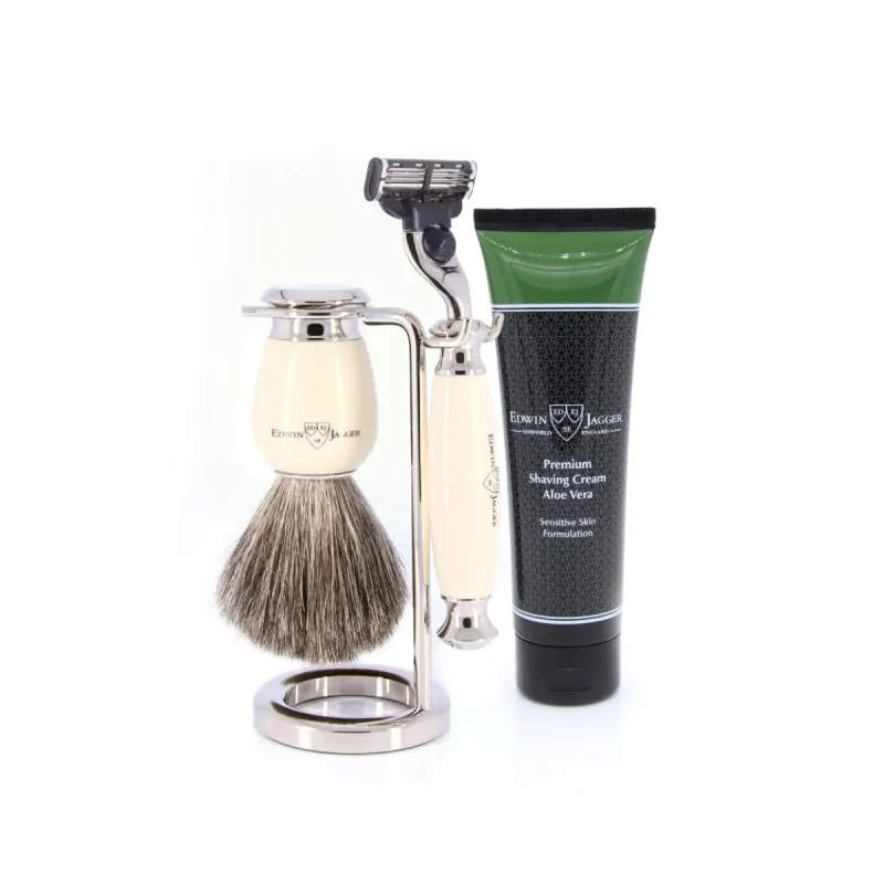 Edwin Jagger 58 Series 3pc Imitation Ivory & Nickel Mach3 Set (Aloe Vera)