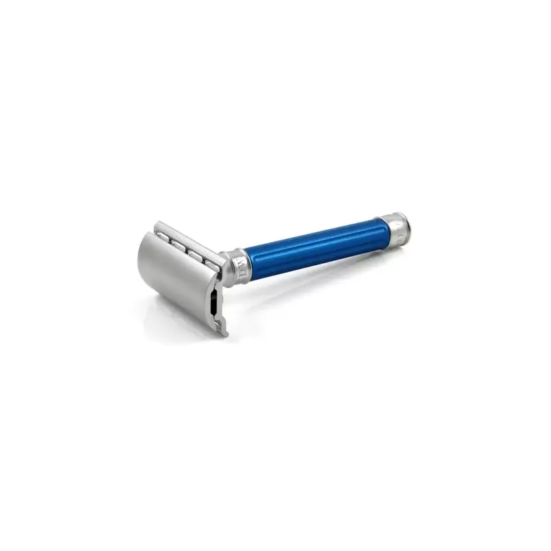 Edwin Jagger Double Edge Stainless Steel Safety Razor Grooved Anodised Blue