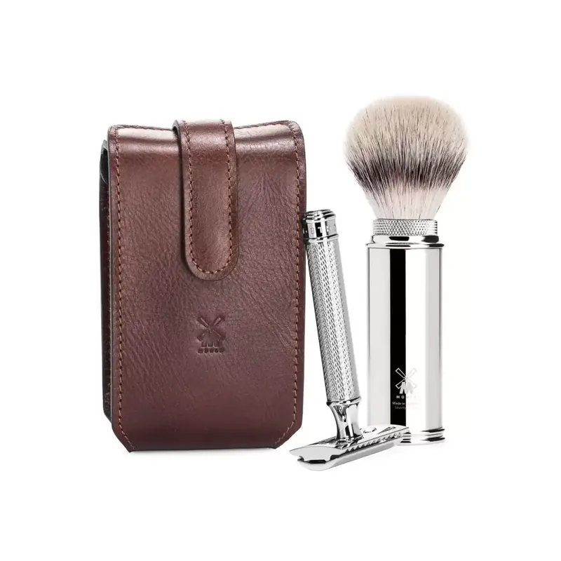 Kit de Viaje Brocha Fibra Punta Plata & Maquinilla Clásica