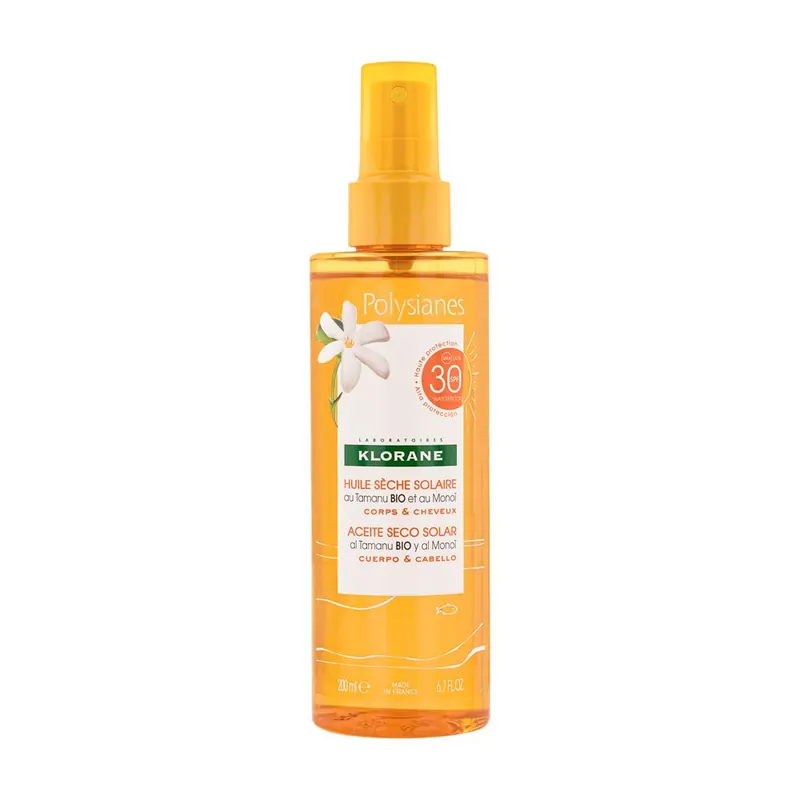 Klorane Olio Secco Solare SPF 30 con Tamanu BIO e Monoi 200ml - Protezione solare corpo e capelli