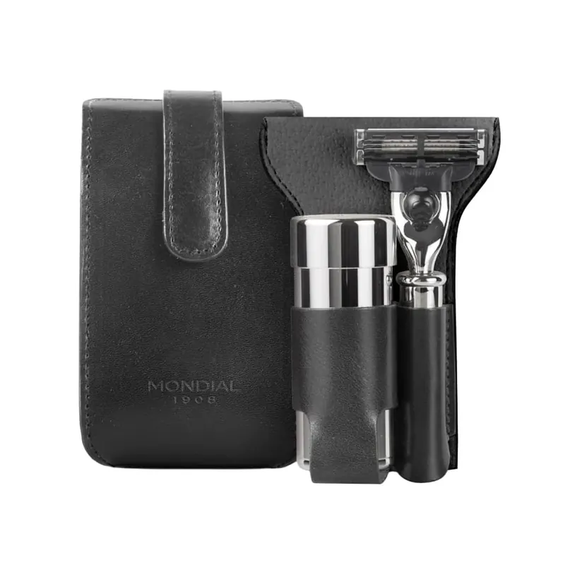 Mondial set da barba da viaggio con pennello EcoSilvertip rasoio e custodia in pelle nera