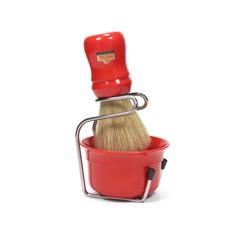 Omega Shaving Boar Brush Red Handle & Shaving Bowl & Shaving Brush Stand