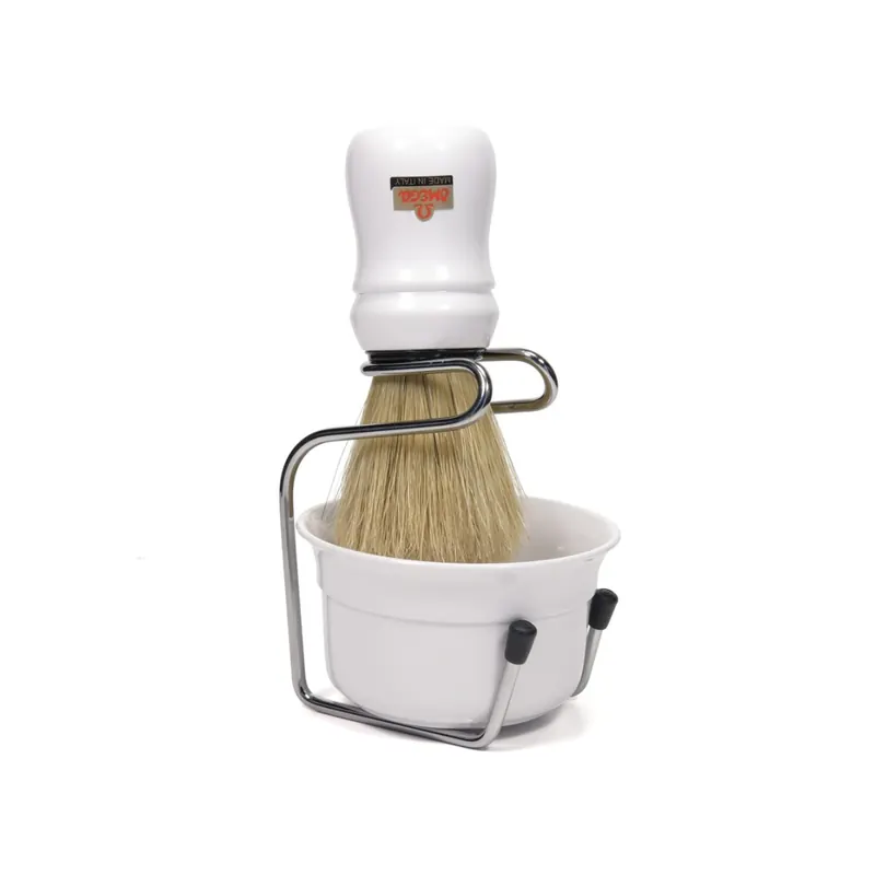 Omega Shaving Boar Brush White Handle & Shaving Bowl & Shaving Brush Stand