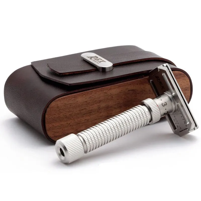 Rex astuccio in pelle Horween e legno di noce per rasoi di sicurezza