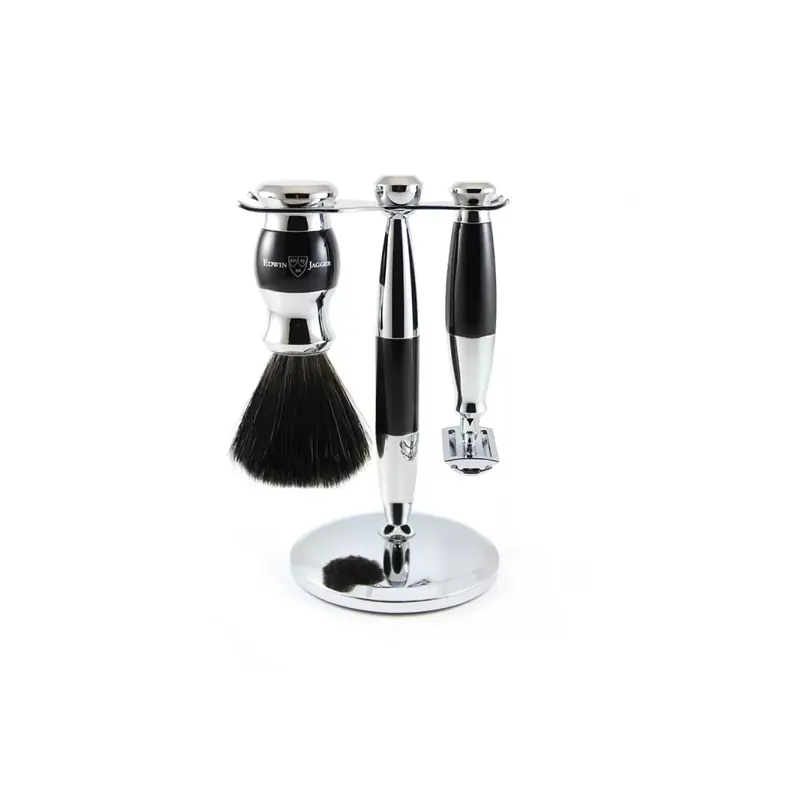 Set Clasic Razor, Shaving Brush Synthetic Fibre and Stand Black