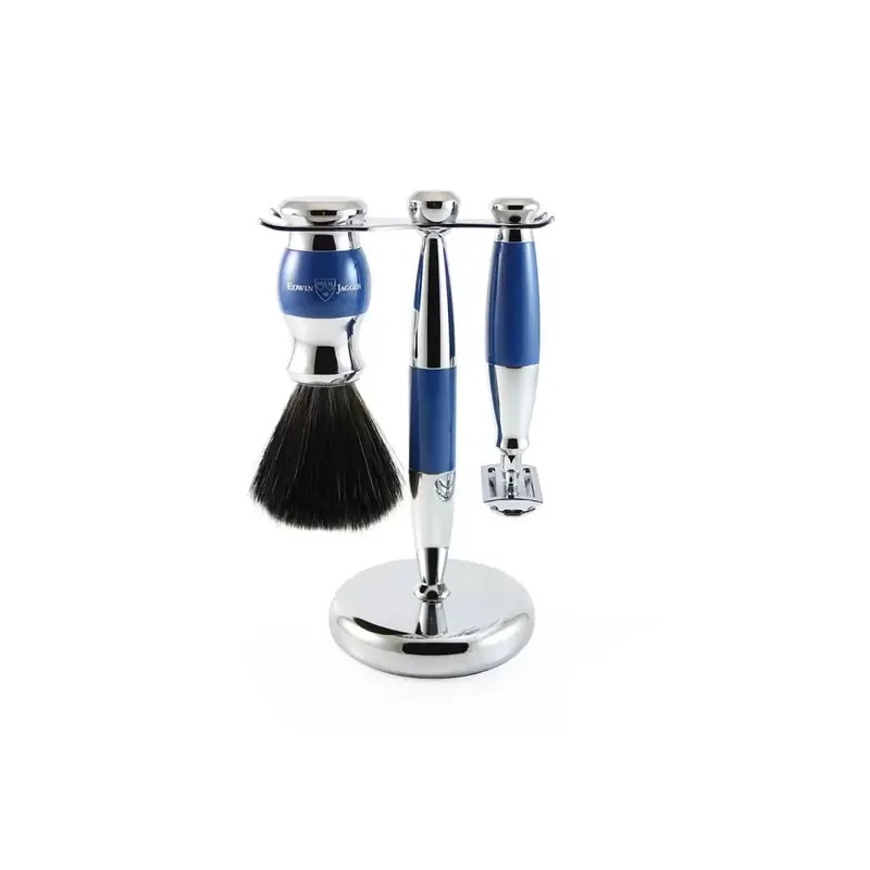 Set Safety razor, shaving brush synthetic fibre and stand blue