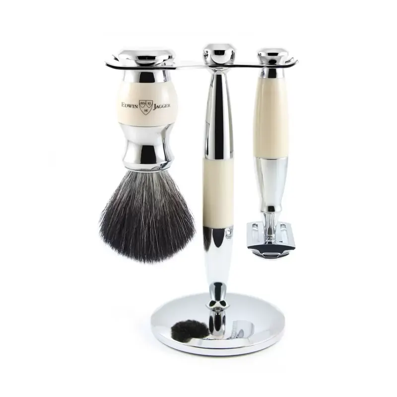 Set Safety razor, shaving brush synthetic fibre and stand ivory