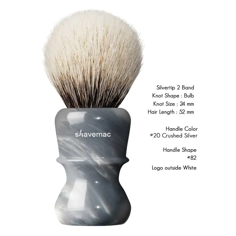 Shavemac Shaving Brush Silvertip 2 Band 24mm/52mm Hadle 84 Crushed Silver