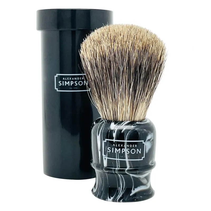 Simpson pennello da barba pure badger con tubo da viaggio Highbury Faux Ebony Marble S