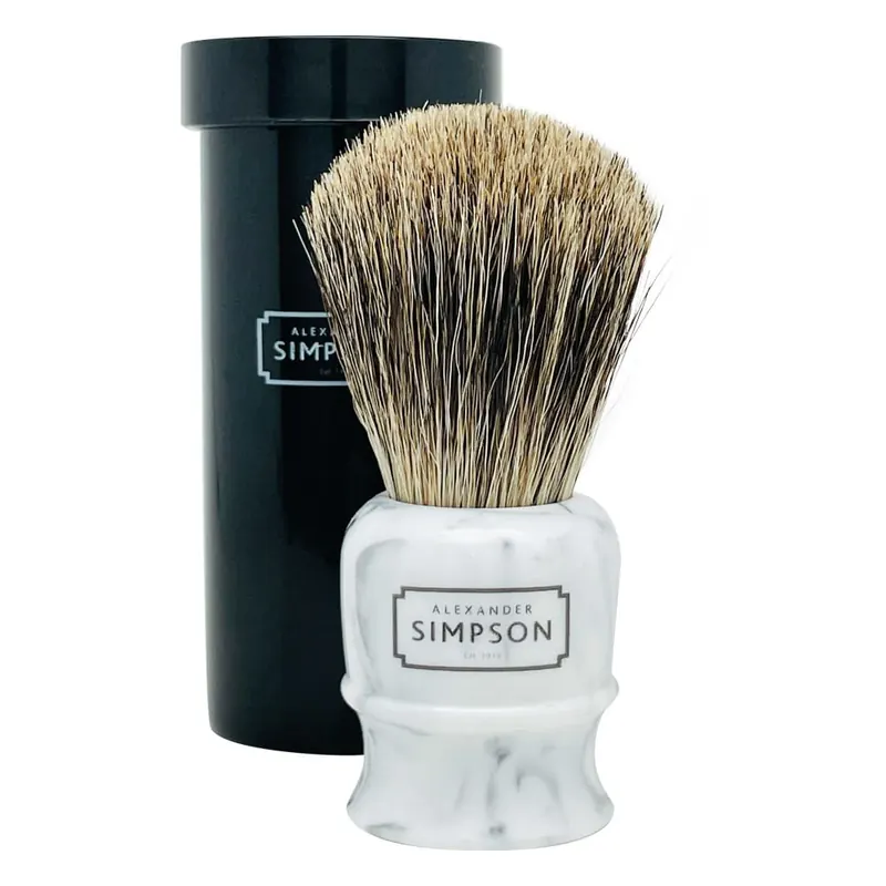 Simpson pennello da barba pure badger con tubo da viaggio Highbury Faux Grey Itaian Marble S