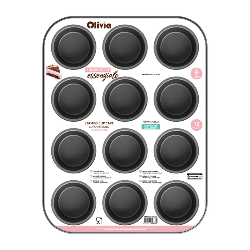 Stampo cupcake e muffin 12 posti 35x26x3cm antiaderente in acciaio verniciato