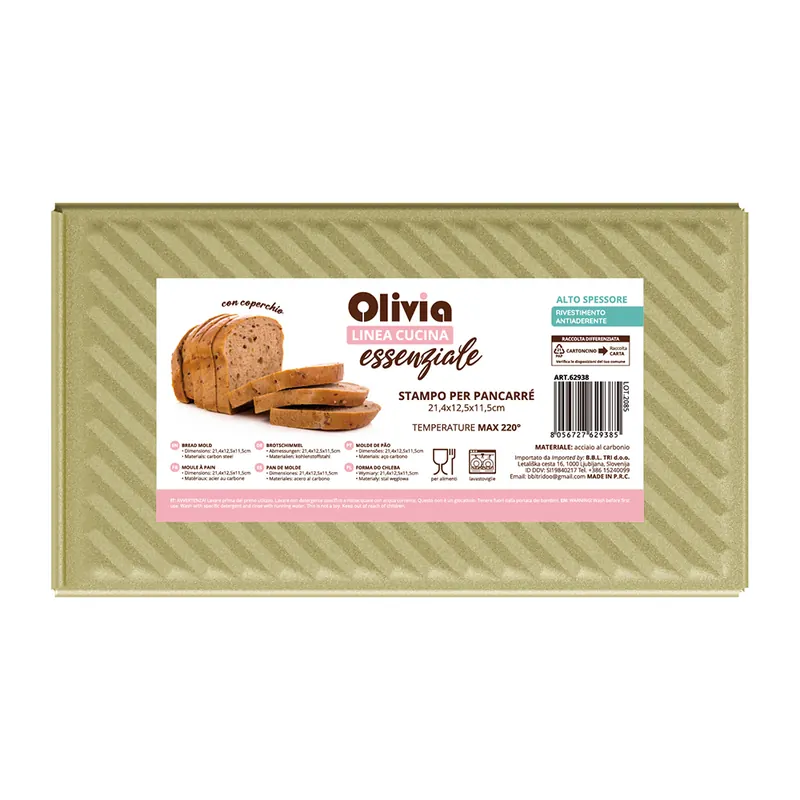 Stampo pane in cassetta con coperchio antiaderente 21,4×12,5×11,5cm in acciaio al carbonio