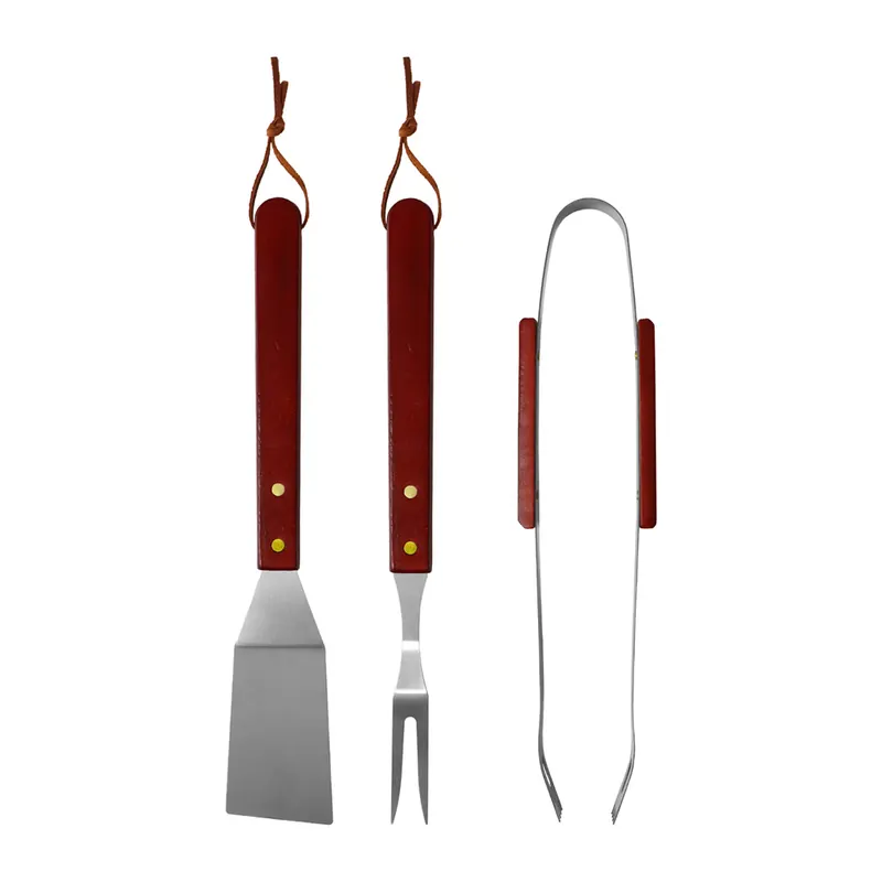 Tris barbecue utensili in acciaio inox e manico in legno Paletta 33,5cm Pinza 32,5cm Forchettone 33cm