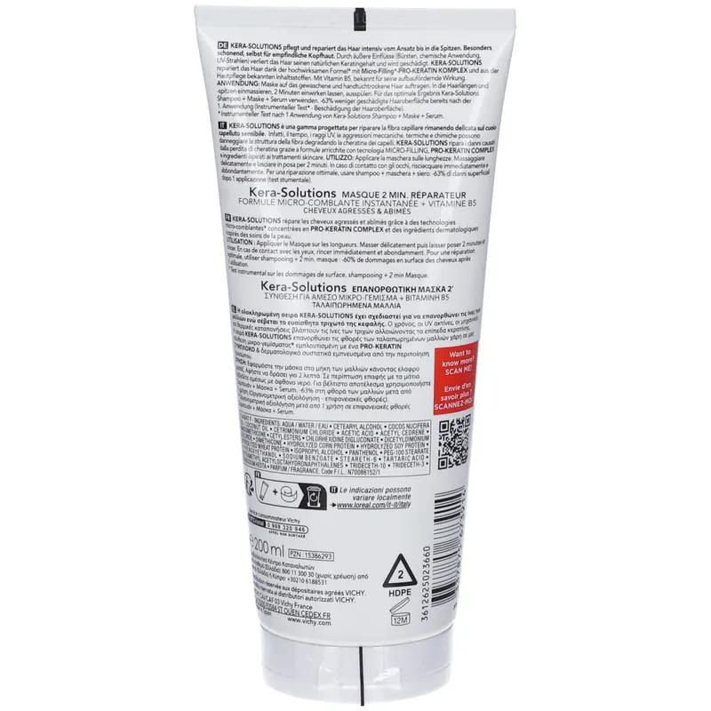 Vichy Dercos Kera-Solutions Maschera riparatrice 2min per capelli stressati e danneggiati 200 ml
