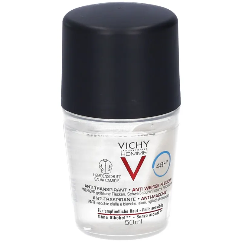 Vichy Homme Deodorante Anti-macchie - Roll-on anti-traspirante 50 ml efficace per 48 ore